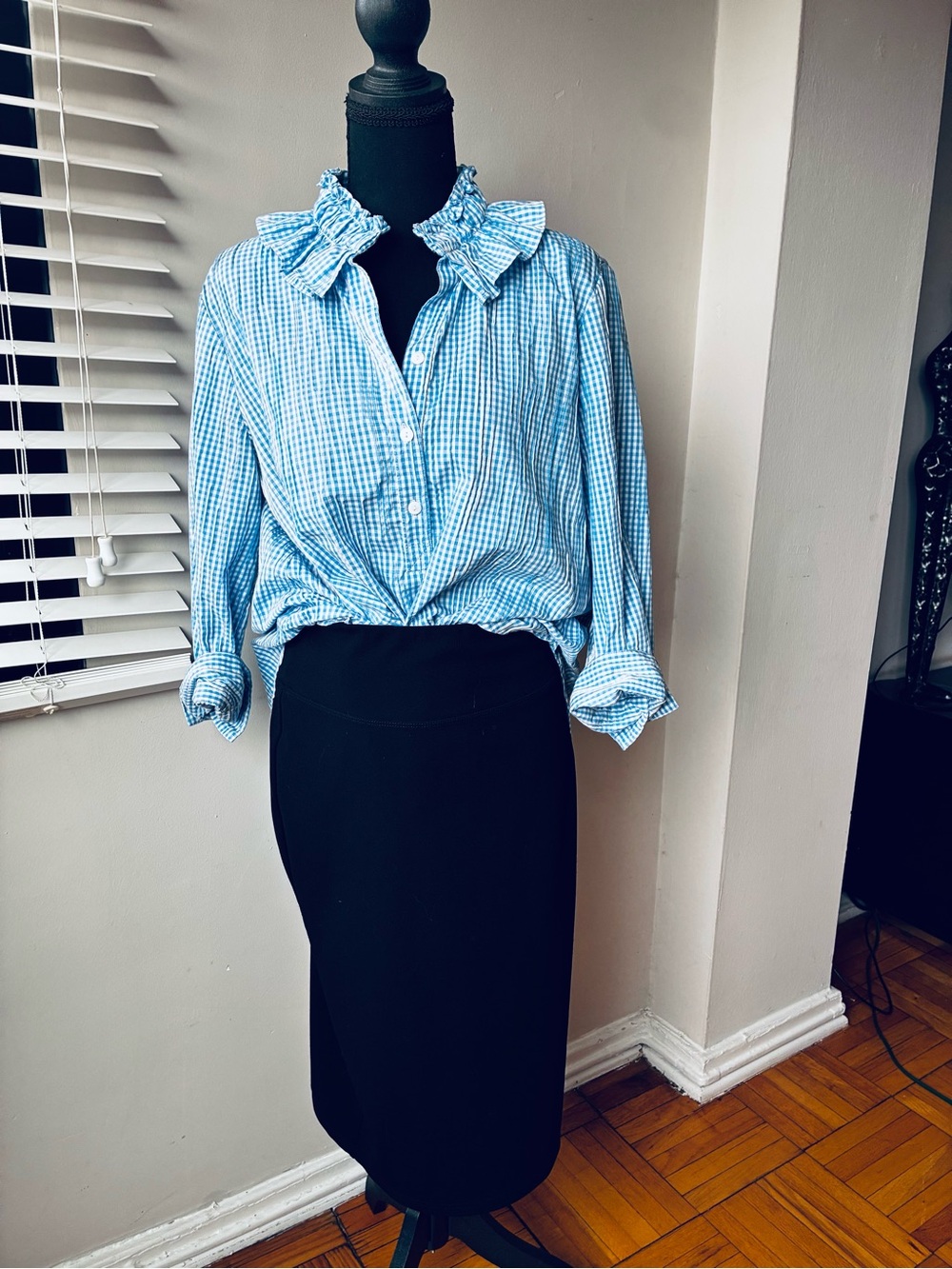 Sara Campbell Light Blue Gingham Ruffle-Collar Button-Front Blouse